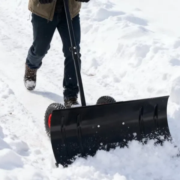 Discount 30" Metall Snöskyffel med 15" Höjd & 2 Hjul, Justerbart Vinkel- och Höjdhandtag för Enkel Snöröjning, Ergonomisk Dubbelrörsdesign Snöborttagning