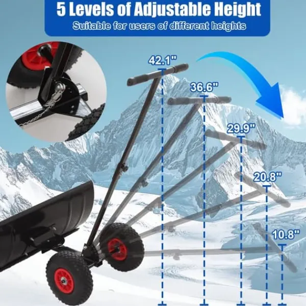 Discount 30" Metall Snöskyffel med 15" Höjd & 2 Hjul, Justerbart Vinkel- och Höjdhandtag för Enkel Snöröjning, Ergonomisk Dubbelrörsdesign Snöborttagning
