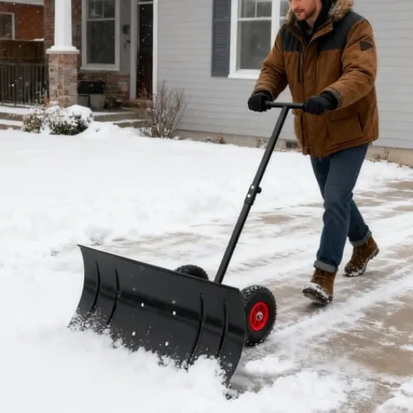 Discount 30" Metall Snöskyffel med 15" Höjd & 2 Hjul, Justerbart Vinkel- och Höjdhandtag för Enkel Snöröjning, Ergonomisk Dubbelrörsdesign Snöborttagning