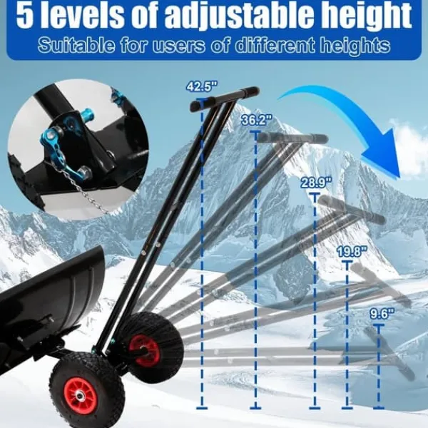 Online 30" Snöskyffel med hjul, justerbar vinkel & höjd, ergonomiskt handtag, blad i kolstål för enkel uppfrysning av uppfarter och gångvägar Snöborttagning
