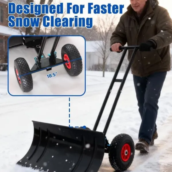 Online 30" Snöskyffel med hjul, justerbar vinkel & höjd, ergonomiskt handtag, blad i kolstål för enkel uppfrysning av uppfarter och gångvägar Snöborttagning
