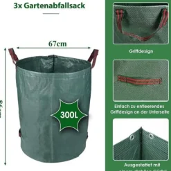 AJW-3-pack 300L trädgårdspåsar, hopfällbara och återanvändbara, stabila, UV-beständiga, grässäcksblad, trädgårdsavfall[1072]