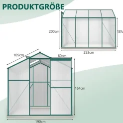 Aluminium växthus med grund 4,75 m² - 190 × 253 cm, inkl. 1 takfönster och skjutdörr, trädgårdsväxthus, tomatväxthus