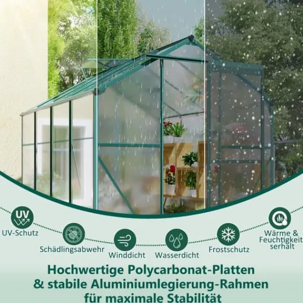 Aluminium växthus med grund 4,75 m² - 190 × 253 cm, inkl. 1 takfönster och skjutdörr, trädgårdsväxthus, tomatväxthus