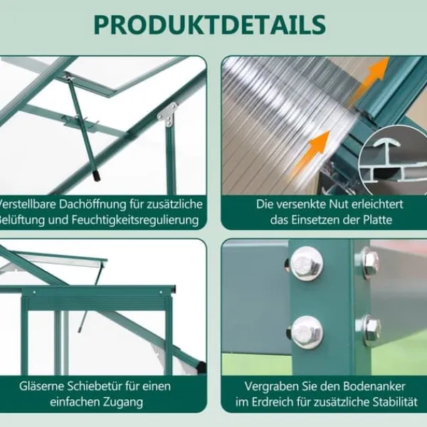 Aluminium växthus med grund 4,75 m² - 190 × 253 cm, inkl. 1 takfönster och skjutdörr, trädgårdsväxthus, tomatväxthus