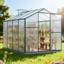 Aluminium växthus med grund 4,75 m² - 190 × 253 cm, inkl. 1 takfönster och skjutdörr, trädgårdsväxthus, tomatväxthus