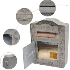 Antik brevlåda - Väggmonterad postlåda - Låsbar - Rustik vintage stil - För hem och trädgård - Dekorativ - Grå