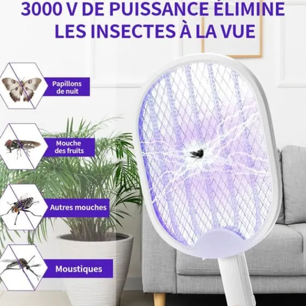 Antimygga - Elektrisk racket för insekter - Fällbar - 3000 V - Ultraviolettramp för myggor