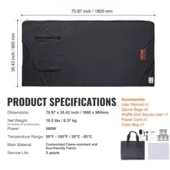 Bastu Filt, 180x80 cm, Justerbar Temperatur, Portabel, Avgiftning Bastu
