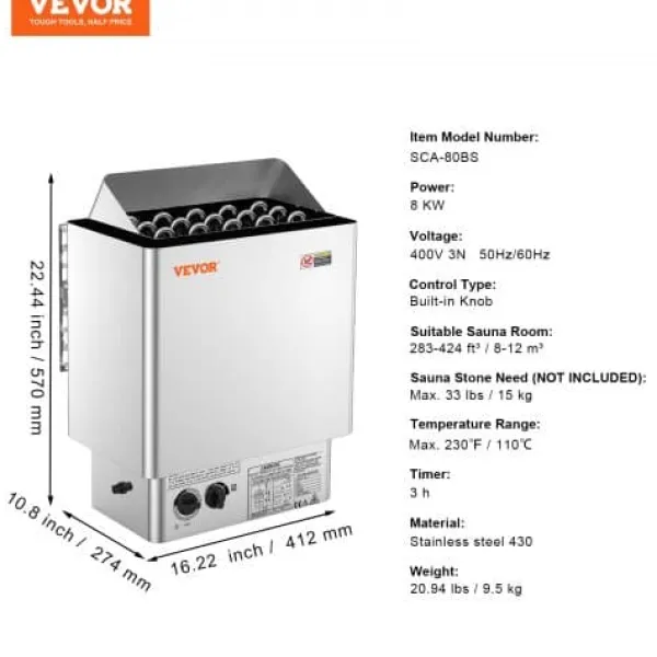 Bastuaggregat, 8kW elektrisk bastuugn, 41,2x27,4x57 cm, rostfritt stål