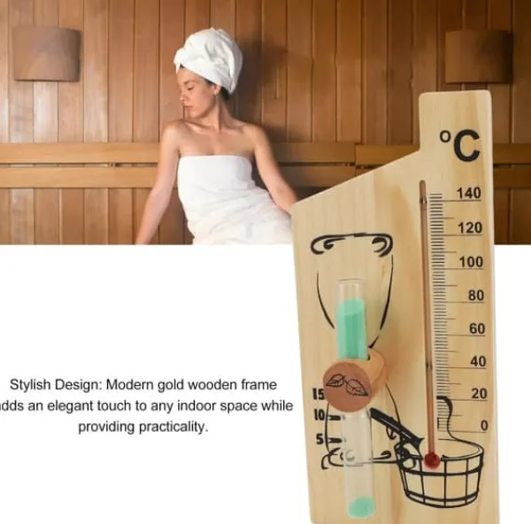 Outlet Bastutermometer Timglas, Guld Elegant Design Bastutermometer Timglas 0-140 Grader Celsius Trä Lämplig för Hotell Bastu