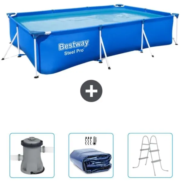 Discount Rectangular Steel Pro Swimming Pool - 300 x 201 x 66 cm - Blå - Ingår Tillbehör CB47 Pooler