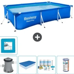 Rectangular Steel Pro Swimming Pool - 300 x 201 x 66 cm - Blå - Inklusive Tillbehör - CB12 Pooler