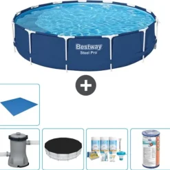 Round Steel Pro Swimming Pool - 396 x 84 cm - Blå - Inklusive Tillbehör - CB11 Pooler