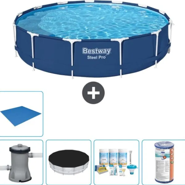 Round Steel Pro Swimming Pool - 396 x 84 cm - Blå - Inklusive Tillbehör - CB11 Pooler