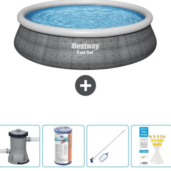 Round Uppblåsbar Fast Set Pool - Rottingtryck - 457 x 84 cm - Inklusive Tillbehör - CB58 Pooler