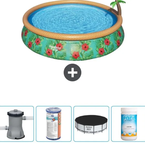 Bestway Round Uppblåsbar Fast Set Pool - Paradise Print - 457 x 84 cm - Inklusive Tillbehör - CB51