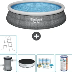 Bestway Round Uppblåsbar Fast Set Pool - Rottingtryck - 457 x 84 cm - Inklusive Tillbehör - CB14