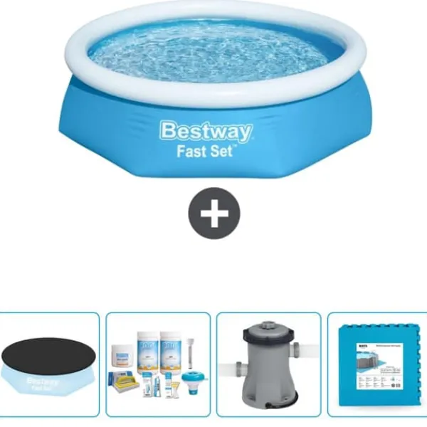 Hot Round Uppblåsbar Fast Set Pool - 244 x 61 cm - Blå - Ingår Tillbehör CB2 Pooler
