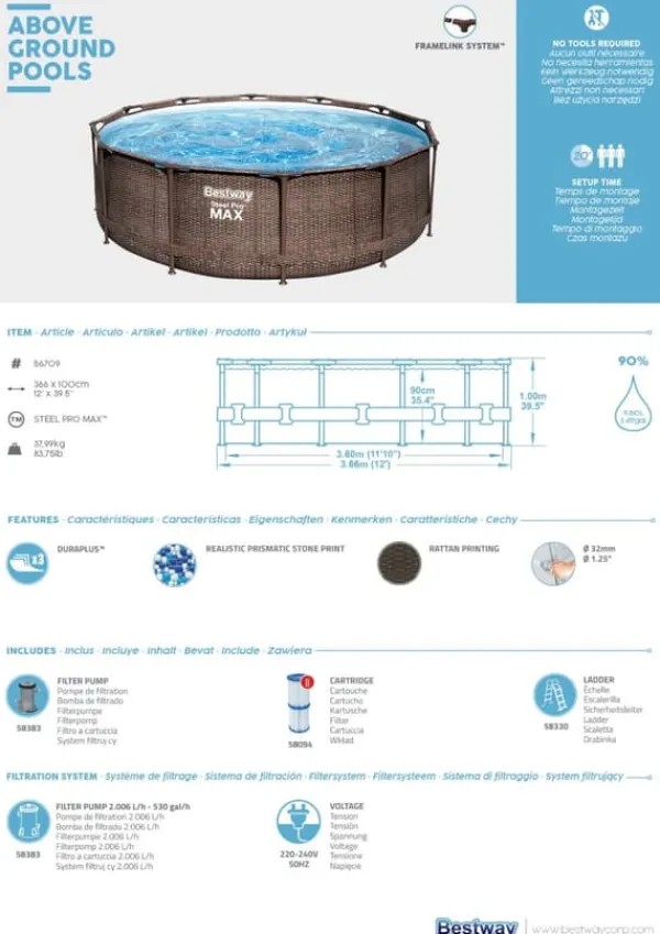 Bestway Steel Pro MAX Frame Pool 366x100cm Rattan m/pump, stege