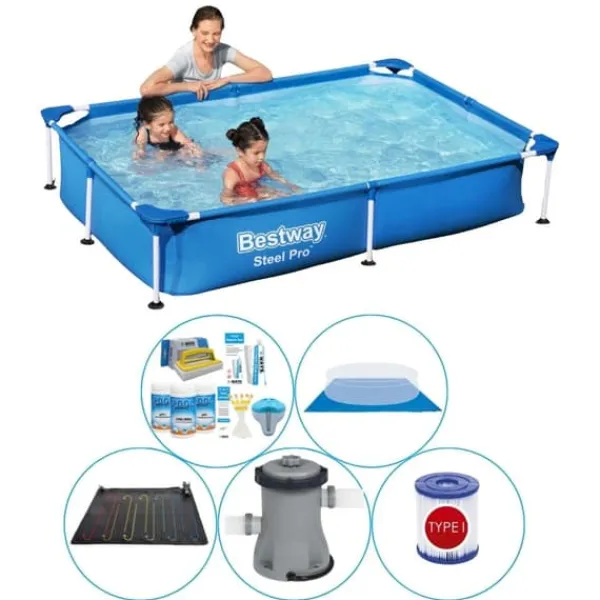 Online Steel Pro rektangulär 221x150x43 cm - 6-delad - Swimming Pool Combi Deal Pooler