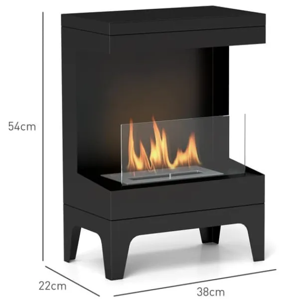Bioetanolkamin - Fristående - 0,9 l tank - Flamspärr i rostfritt stål - Brinntid 3,3 h - För inomhus 15–20 m² - Svart