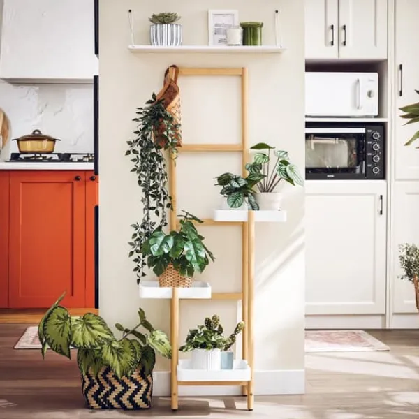 New Blomhylla i trä - Växtställ STR13-WN - Flerplanig - För 3 krukor - 31×130×27 cm - Montering krävs - Vit Växtställ
