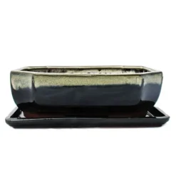 Discount bonsai skål med fat storlek 4 - specialglasyr med ädel färggradienteffekt - rektangulär g117 - svart-vit - l Krukor & Växtbehållare