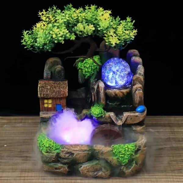 Bordsfontän - Inomhusfontän - LED-belysning - Konstgjorda träd - Klipplandskap - Cirkulerande vatten - 27 x 20 x 16 cm - Harts