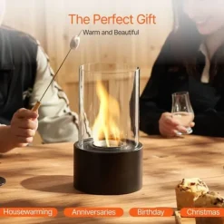 Bordsskiva Fire Pit 6 tum, Metall Öppen Spis, Inomhus och Utomhus Användning, Glasdetaljer