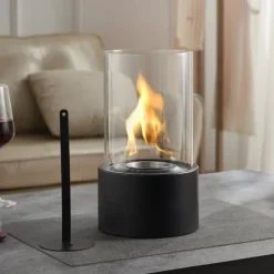 Bordsskiva Fire Pit 6 tum, Metall Öppen Spis, Inomhus och Utomhus Användning, Glasdetaljer