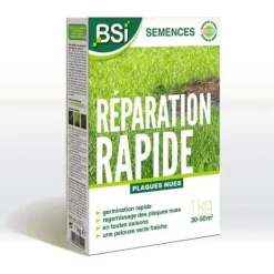 BSI - Gräsfrön - Snabb reparation - Med skyddande beläggning - Mycket hög kvalitet - Upp till 50m² - 1 kg Jord & Sand