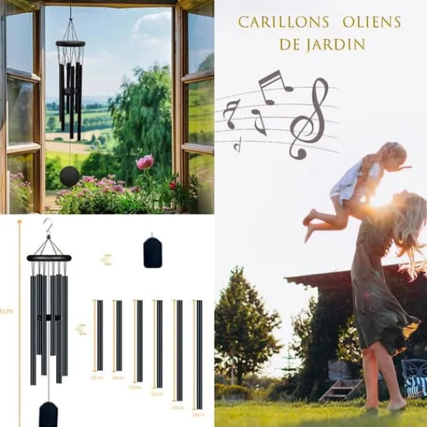 Outlet Carillon eolien PASSIONOVA 70 cm Vindspel i trä och metall med krok 6 aluminiumrör Vindspel Carillon à Vent Vinddekoration