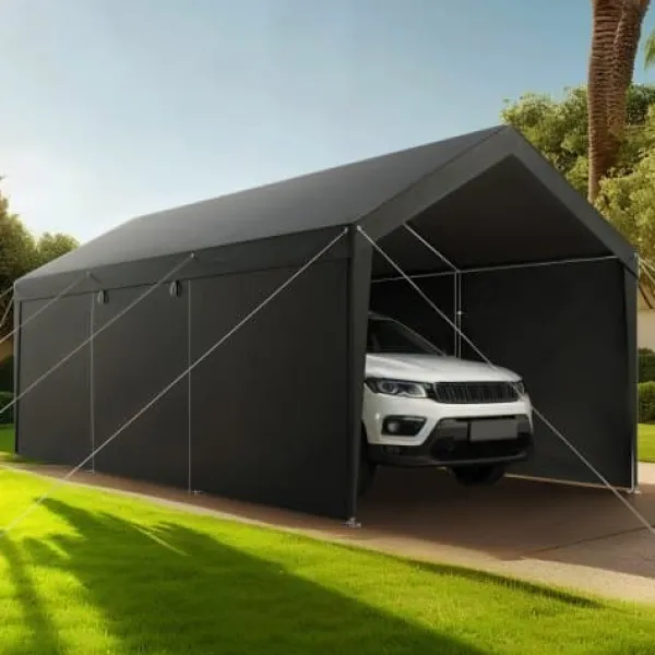 Online Carport, 365x609x302 cm, Grå, Stålram Skjul, Garage & Carports