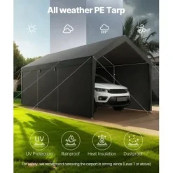 Online Carport, 365x609x302 cm, Grå, Stålram Skjul, Garage & Carports