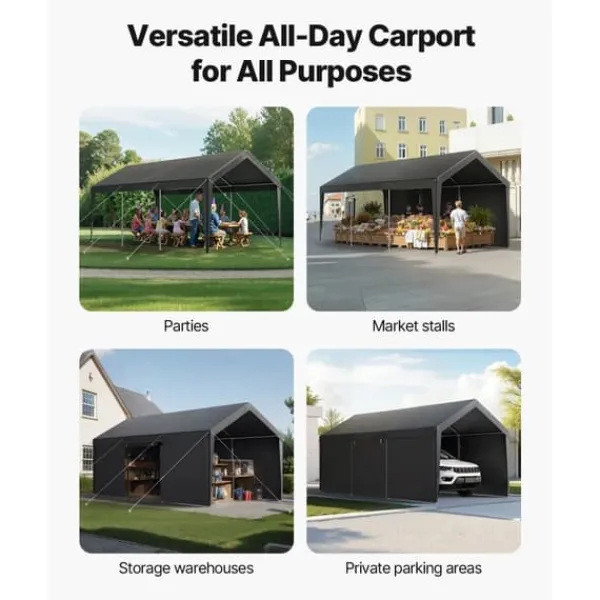 Online Carporttak 3,5x6,5m, Kraftigt Bilskydd, med Sidoväggar, Färg: Vitt Skjul, Garage & Carports