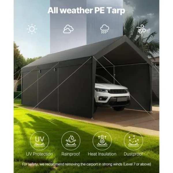 Online Carporttak 3,5x6,5m, Kraftigt Bilskydd, med Sidoväggar, Färg: Vitt Skjul, Garage & Carports