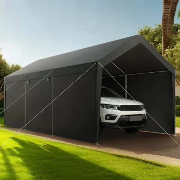 Online Carporttak 3,5x6,5m, Kraftigt Bilskydd, med Sidoväggar, Färg: Vitt Skjul, Garage & Carports