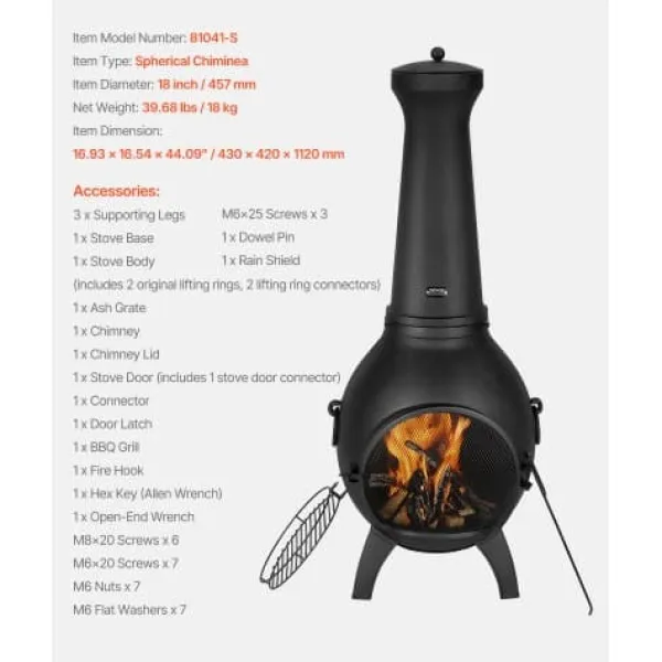 Hot Chiminea, Sfärisk utomhus vedeldad eldstad, 43x42x112 cm, Svart Öppna Spisar