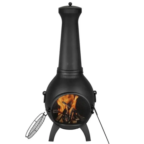 Chiminea utomhus öppen spis 22 tum, i aluminium med grillnät och skorstensrock, för terrassen