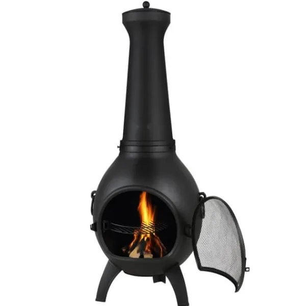 Chiminea utomhus öppen spis 22 tum, i aluminium med grillnät och skorstensrock, för terrassen