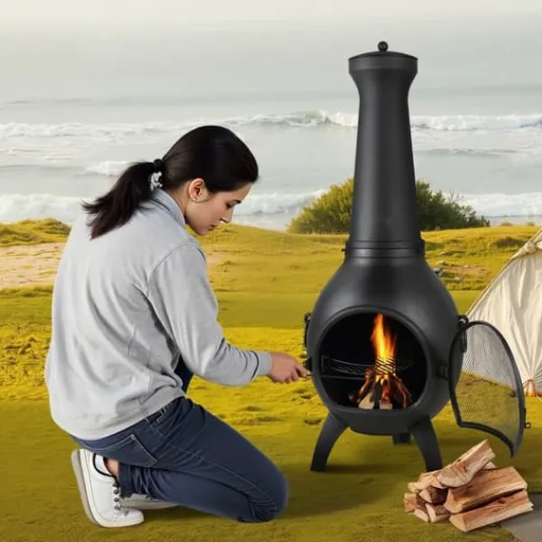 Chiminea utomhus öppen spis 22 tum, i aluminium med grillnät och skorstensrock, för terrassen