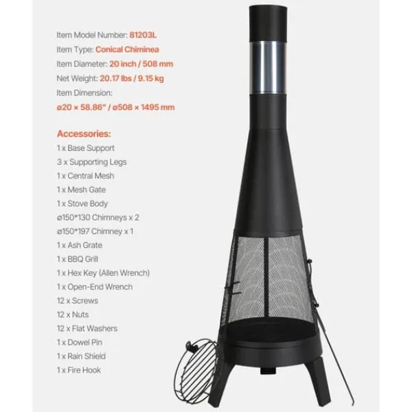 Chiminea utomhuseldstad 20 tum, vedeldad, med grillnät och skorstensbeläggning