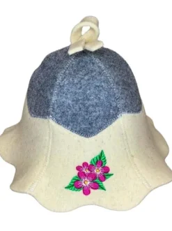 New Dambastukeps i naturlig ullfilt med broderad blomma för avkoppling till banya och jacuzzi Bastu