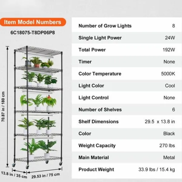 Hot DIY Växtställ med Grow Lights 6 våningar, 192W, Hög Växtstödhylla för inomhusodling och ljustillförsel, perfekt för växttillväxt Växtställ