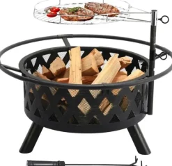 Eldskål - Trädgårdseldstad med grill - Gjutjärn - Kolgrill - Höj- och sänkbart galler - Gnistskydd - Lätt att rengöra