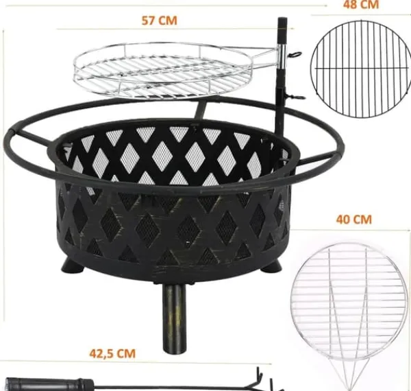 Eldskål - Trädgårdseldstad med grill - Gjutjärn - Kolgrill - Höj- och sänkbart galler - Gnistskydd - Lätt att rengöra