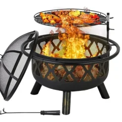 Eldskål - Trädgårdseldstad med grill - Gjutjärn - Kolgrill - Höj- och sänkbart galler - Gnistskydd - Lätt att rengöra