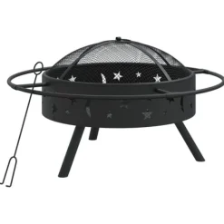Eldstad med nätlock och eldgaffel - Utomhus eldstad i stål | Storlek: 70 cm | Färg: Svart