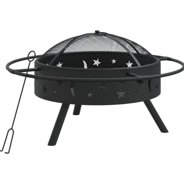 Eldstad med nätlock och eldgaffel - Utomhus eldstad i stål | Storlek: 70 cm | Färg: Svart
